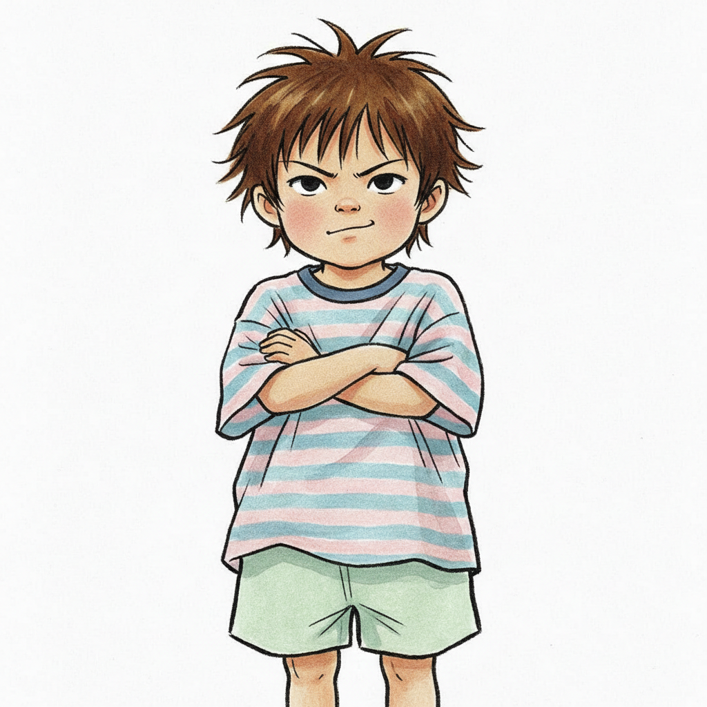Gaki · Yoshitomo Nara-style portrait of a bratty Japanese kid with arms crossed, soft pastel palette